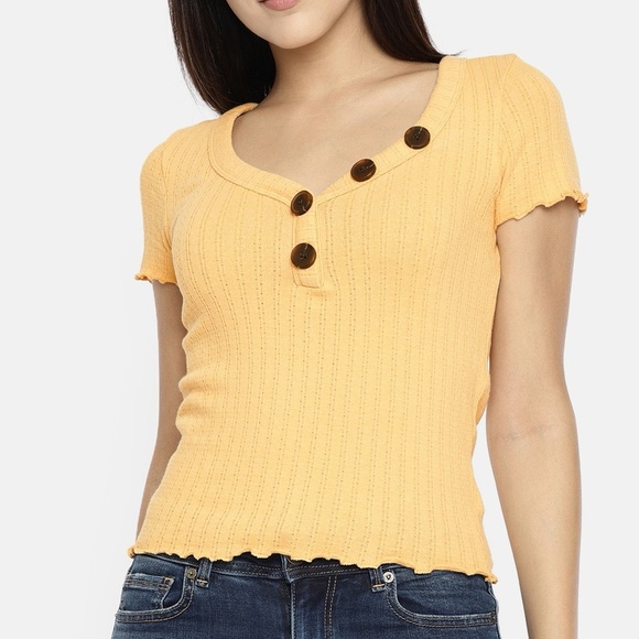 AE Yellow Button V Neck Ruffle Edge Sweater Top Pointelle L - Picture 1 of 9